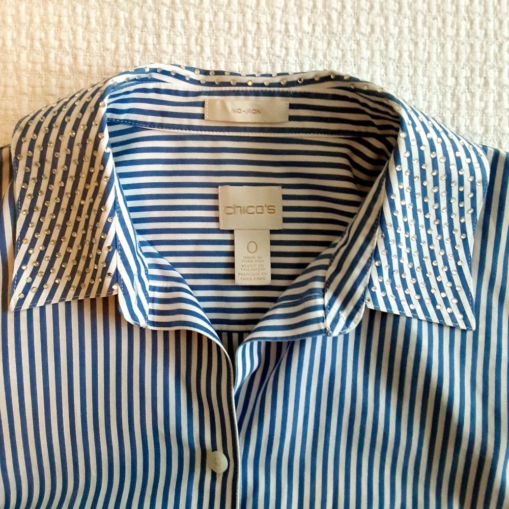 Women's Chico's Long Sleeved Blue Pin Stripe Shirt, Embellished Collar, Small